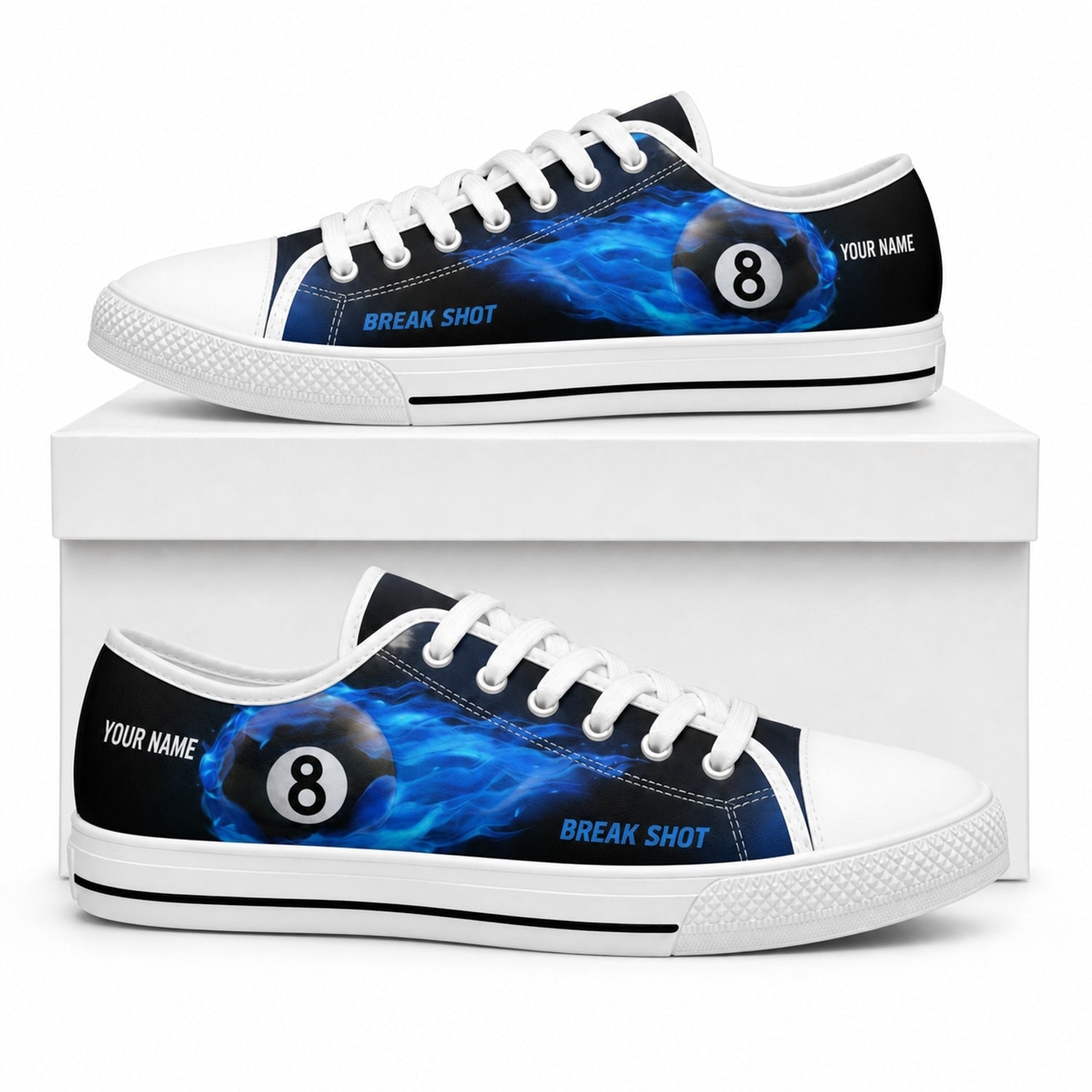Break Shot Eight Ball Graphic Personalized Low Top Shoes Box White
