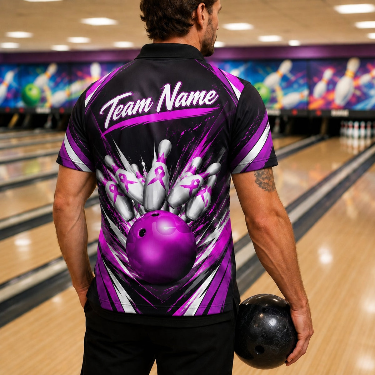 Breast Cancer Ribbon Strike Sport Personalized Bowling Polo Shirt Back View