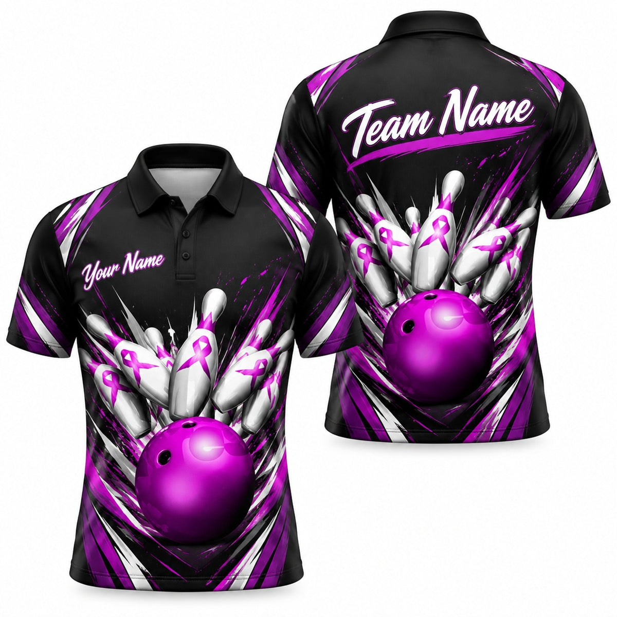 Breast Cancer Ribbon Strike Sport Personalized Bowling Polo Shirt