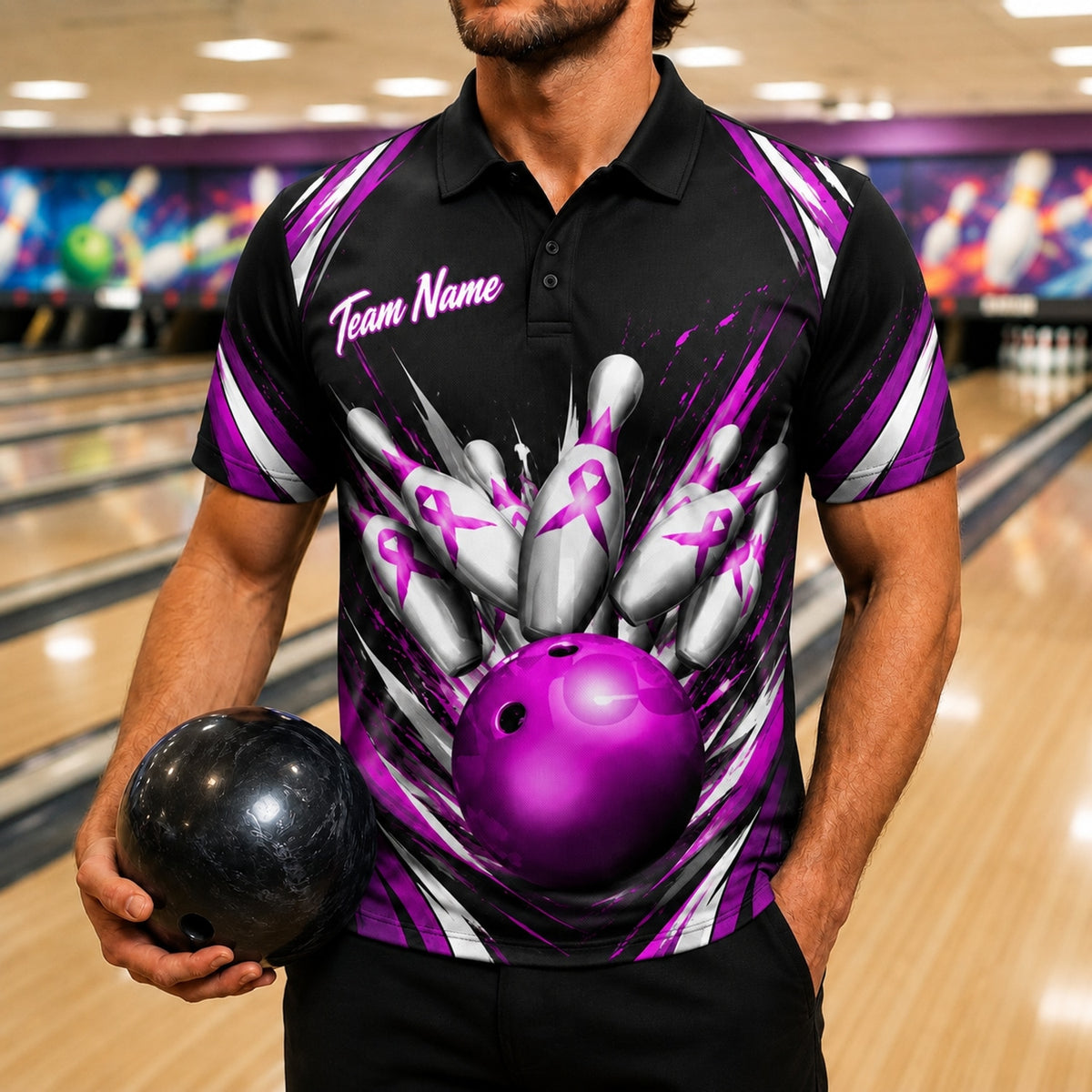 Breast Cancer Ribbon Strike Sport Personalized Bowling Polo Shirt Front View