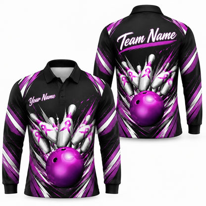 Breast Cancer Ribbon Strike Sport Personalized Bowling Polo Shirt Long Sleeve Polo