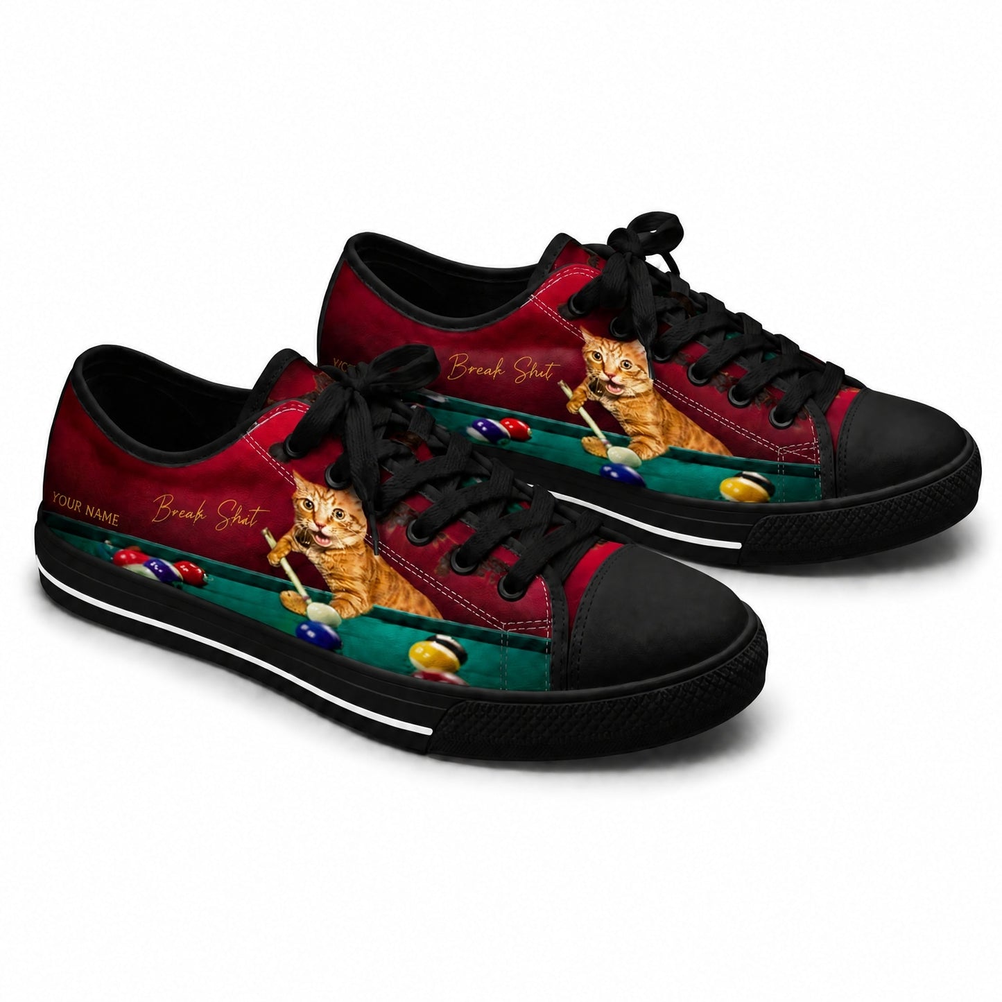 Cat Playing Pool Graphic Custom Low Top Shoes Black Shoes