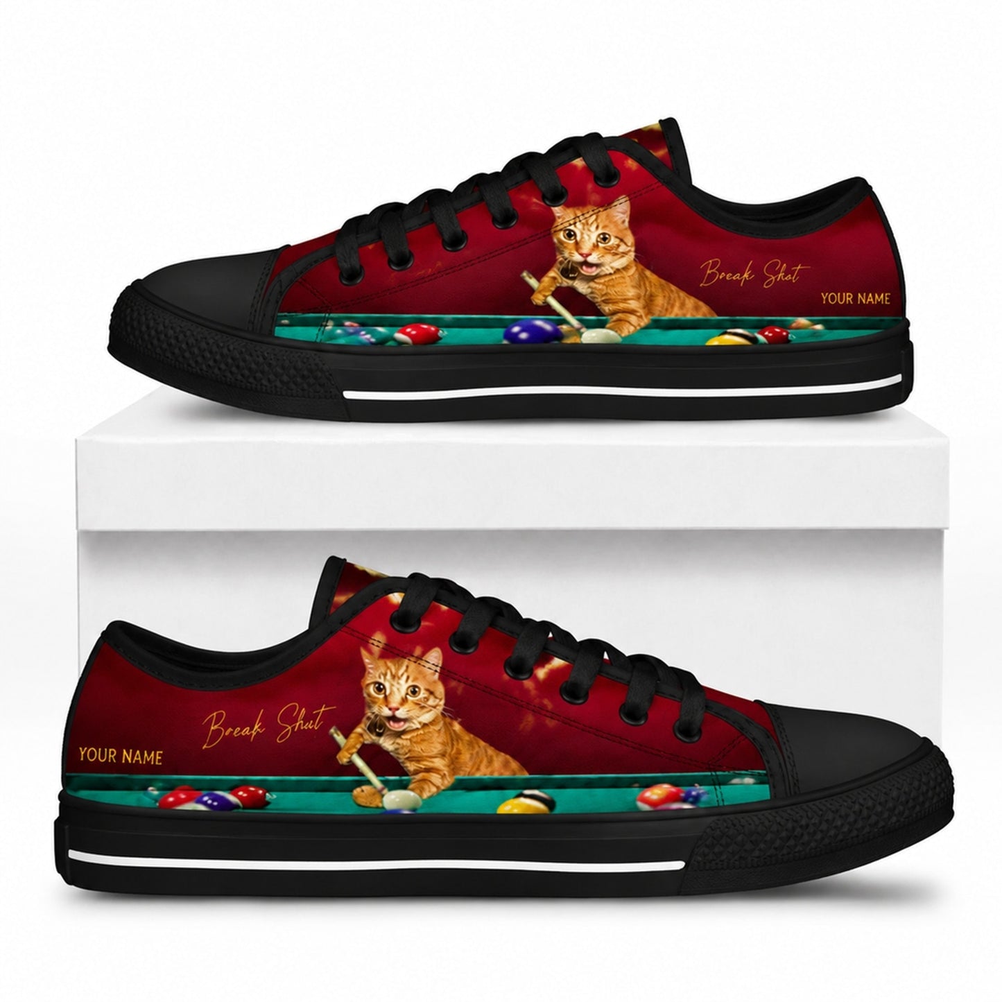 Cat Playing Pool Graphic Custom Low Top Shoes Box Black