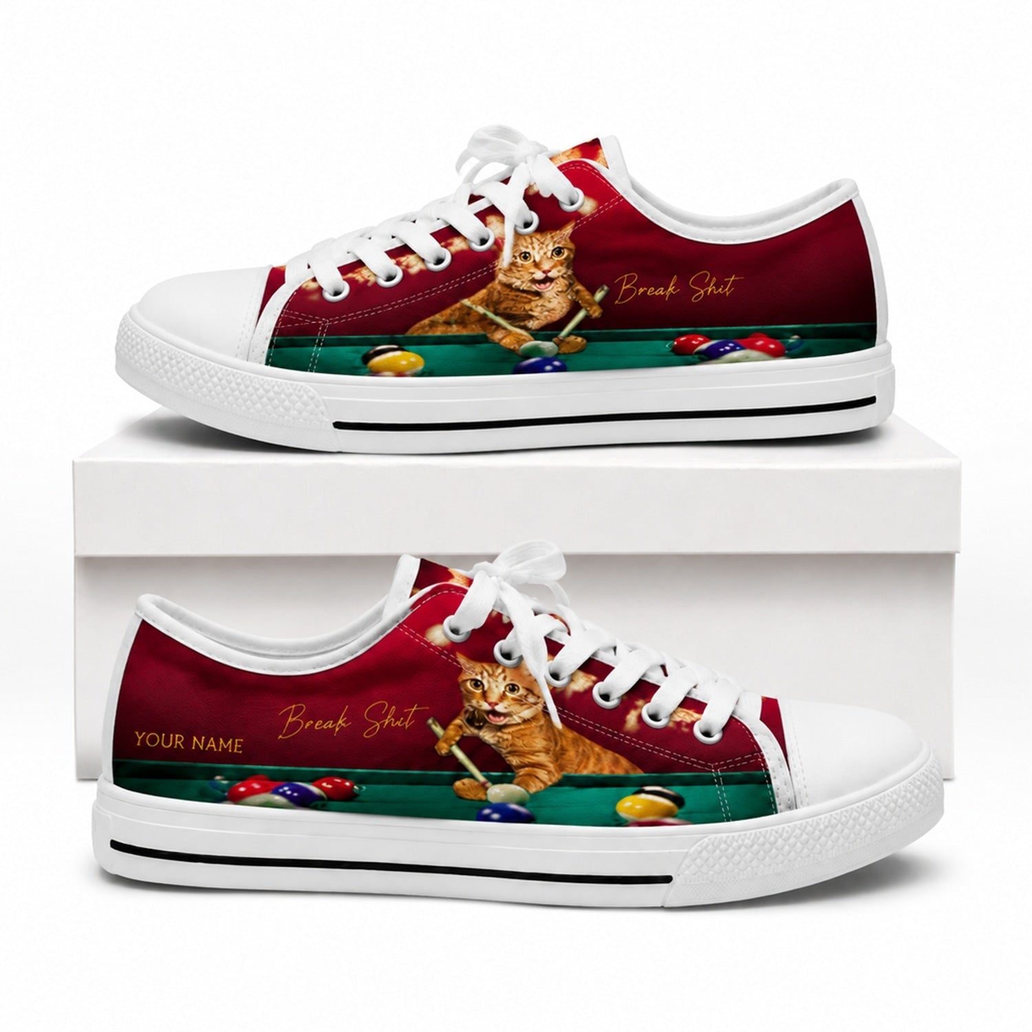 Cat Playing Pool Graphic Custom Low Top Shoes Box White
