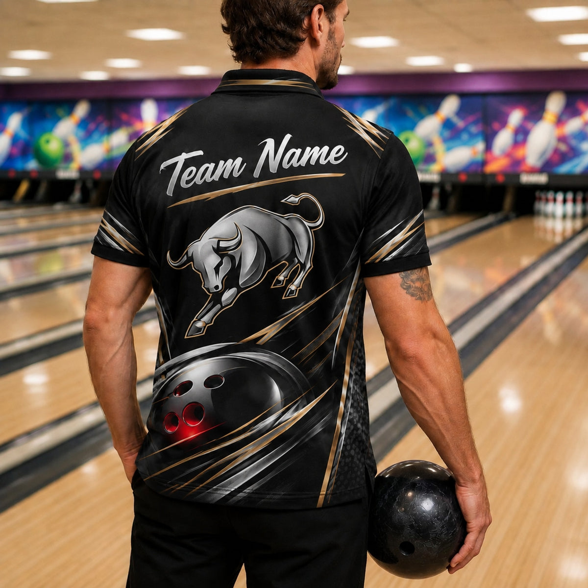 Charging Bull Bowling Sport Custom Bowling Polo Shirt Back View