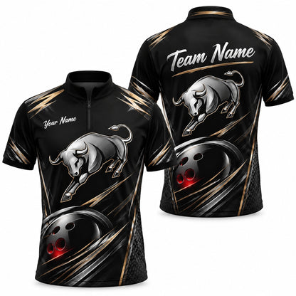 Charging Bull Bowling Sport Custom Bowling Polo Shirt Jersey Zip 1 4 Collar