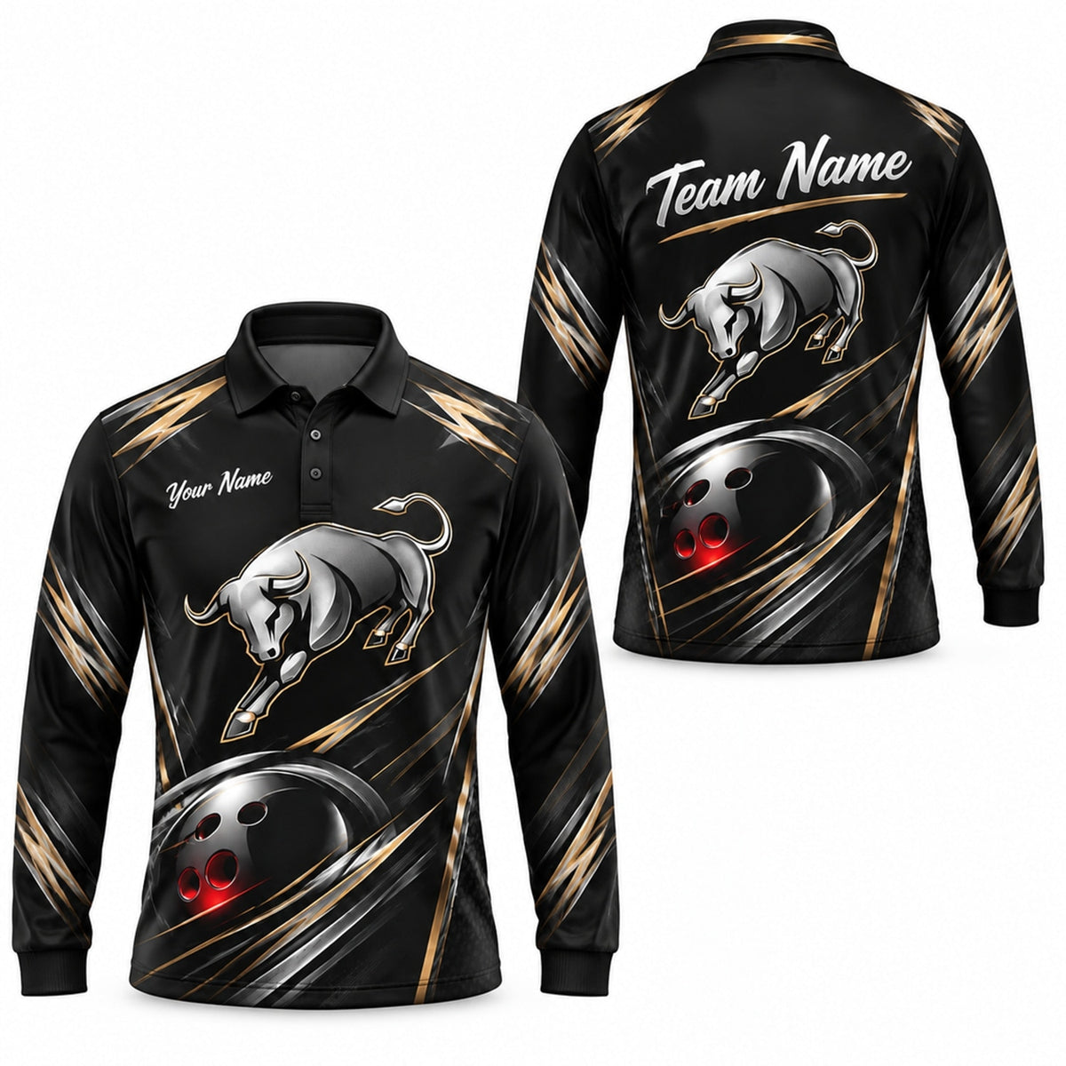 Charging Bull Bowling Sport Custom Bowling Polo Shirt Long Sleeve Polo