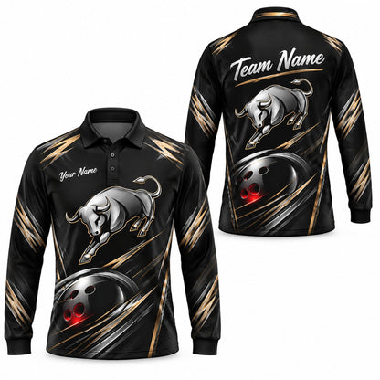 Charging Bull Bowling Sport Custom Bowling Polo Shirt Long Sleeve Polo