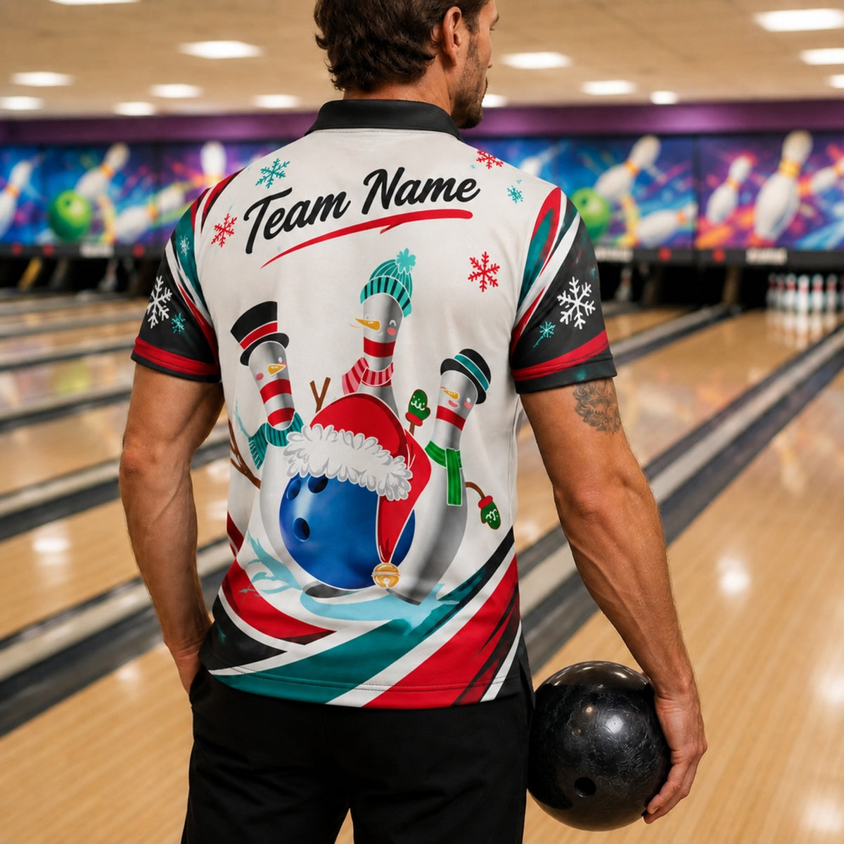 Christmas Bowling Pins Graphic Custom Bowling Polo Shirt Back View
