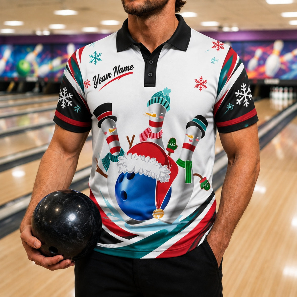 Christmas Bowling Pins Graphic Custom Bowling Polo Shirt Front View