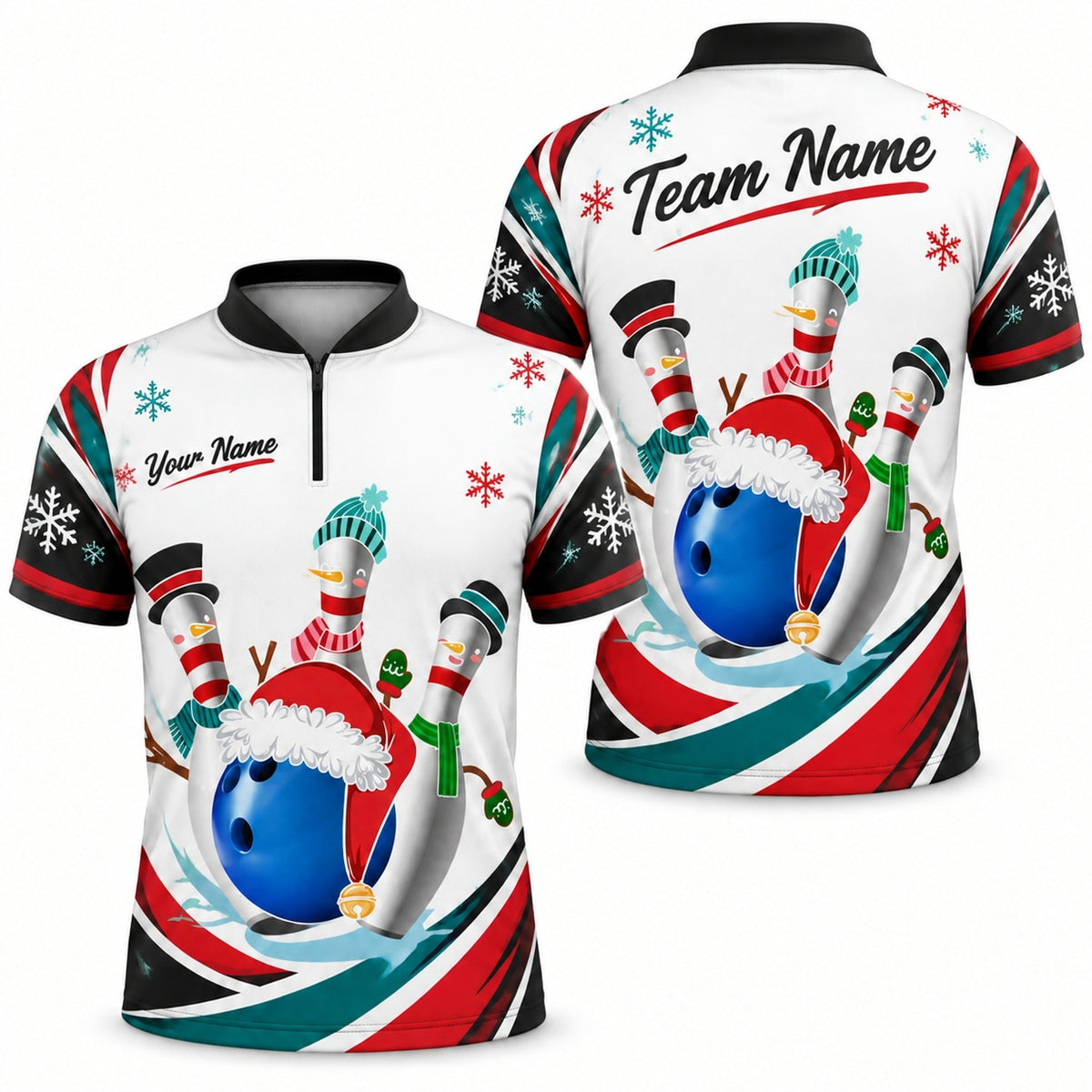 Christmas Bowling Pins Graphic Custom Bowling Polo Shirt Jersey Zip 1 4 Collar