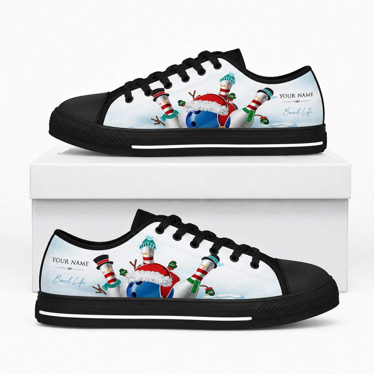 Christmas Bowling Pins Graphic Personalized Low Top Shoes Box Black