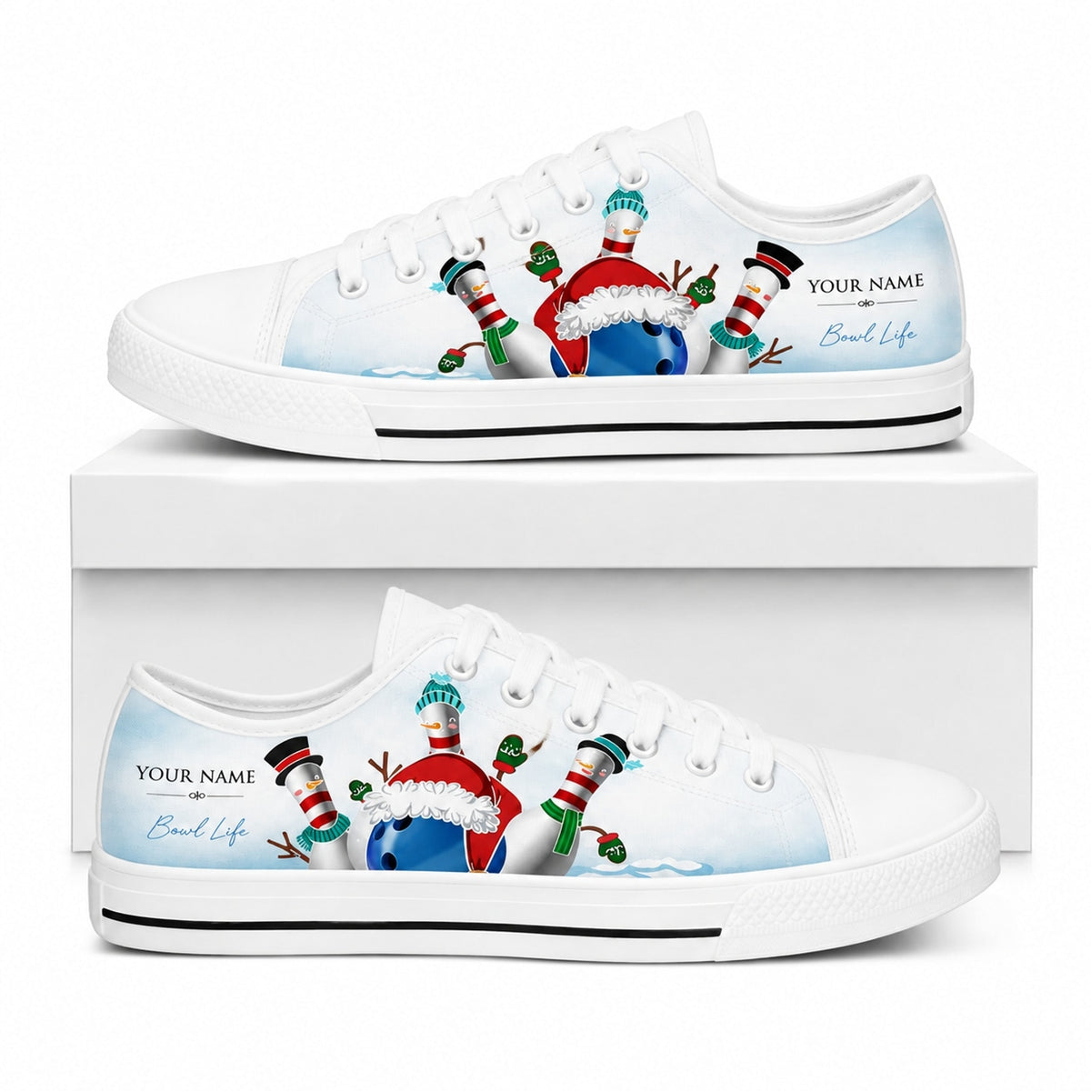 Christmas Bowling Pins Graphic Personalized Low Top Shoes Box White