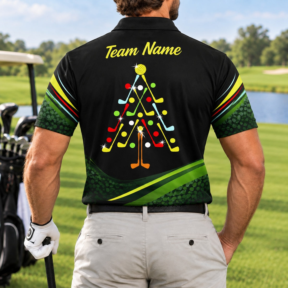 Christmas Tree Golf Clubs Graphic Personalized Golf Polo Shirt Back View