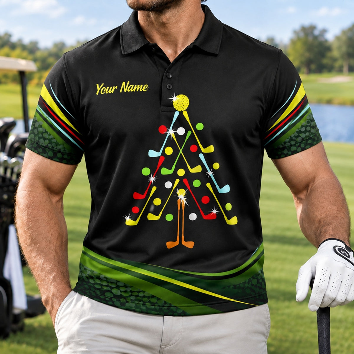 Christmas Tree Golf Clubs Graphic Personalized Golf Polo Shirt Front View