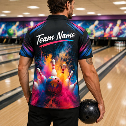 Color Splash Bowling Strike Sport Custom Bowling Polo Shirt Back View
