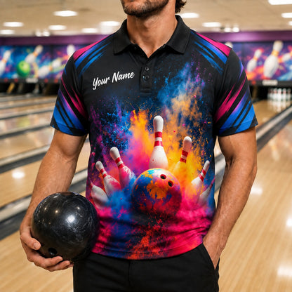 Color Splash Bowling Strike Sport Custom Bowling Polo Shirt Front View