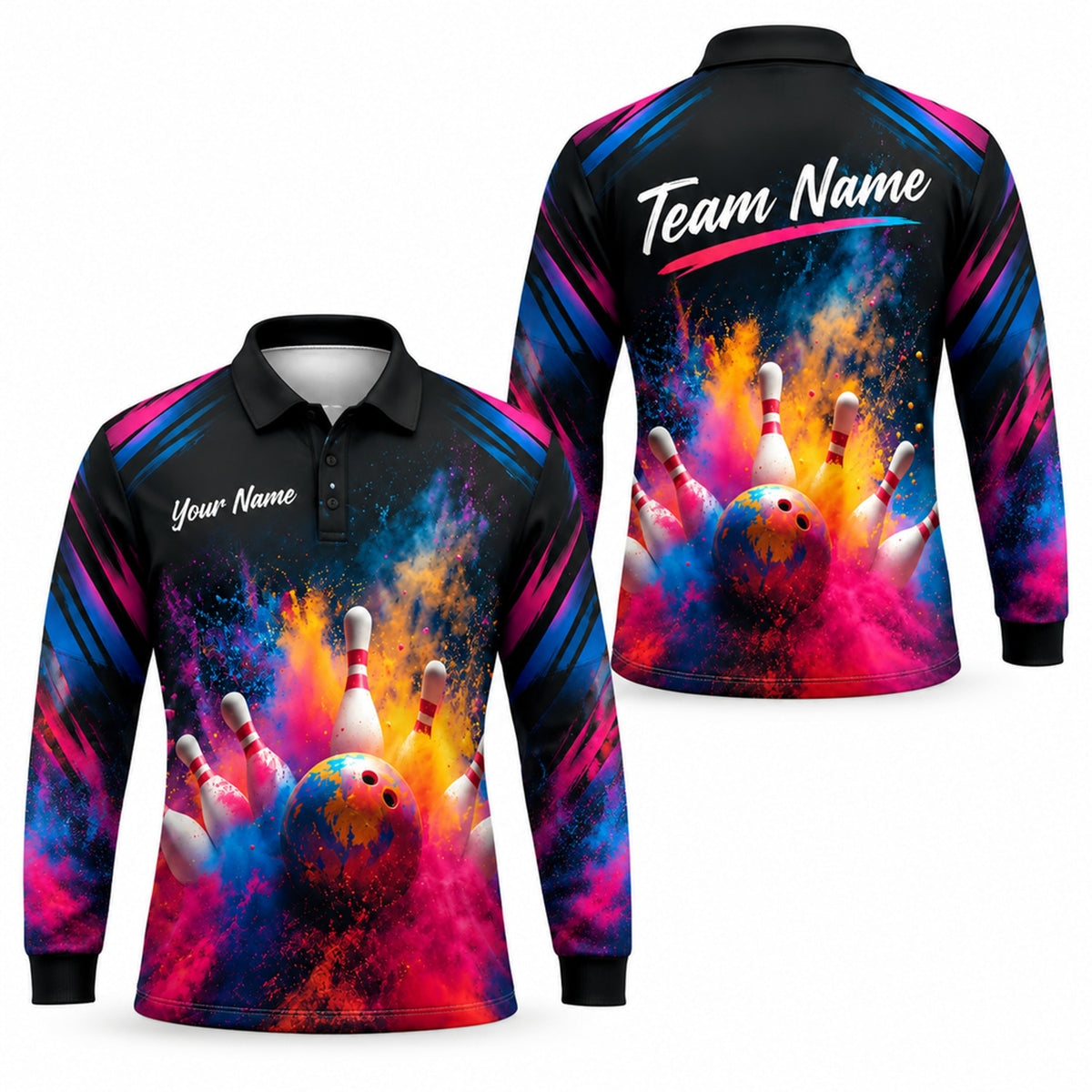 Color Splash Bowling Strike Sport Custom Bowling Polo Shirt Long Sleeve Polo