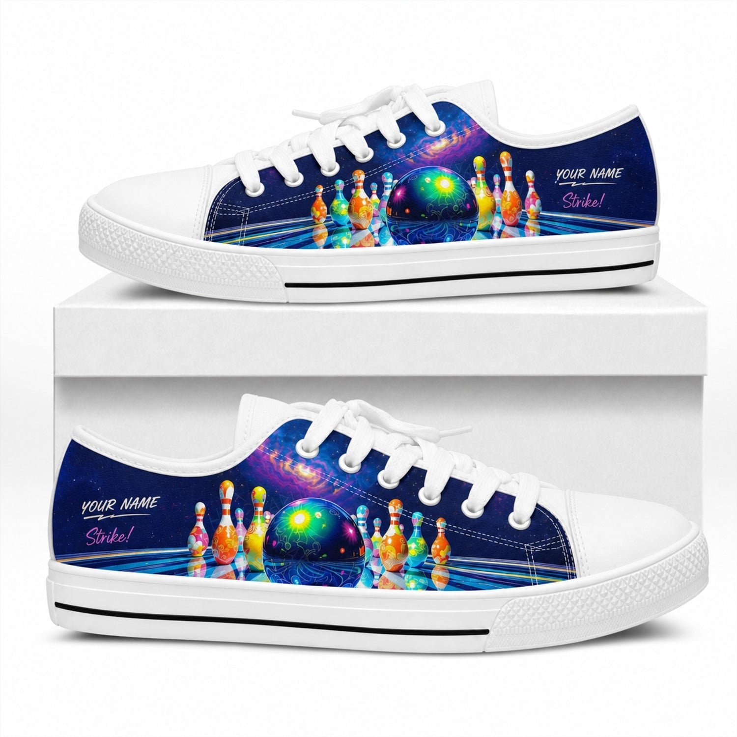 Colorful Bowling Strike Graphic Personalized Low Top Shoes Box White