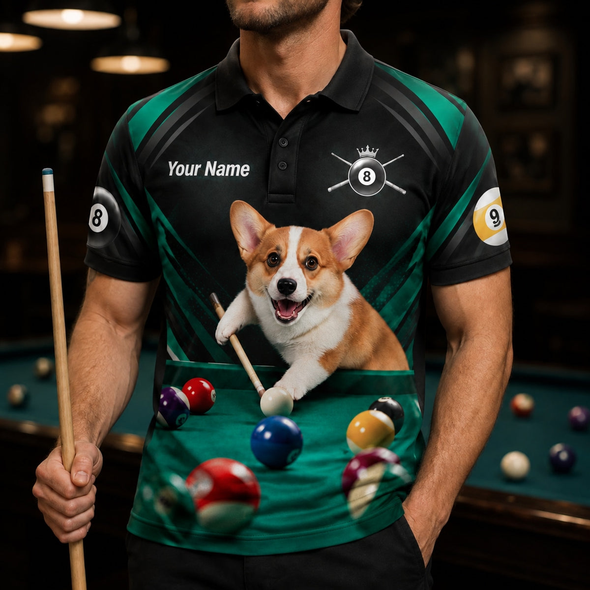 Corgi Billiards Player Sport Personalized Billiard Polo Shirt Front View