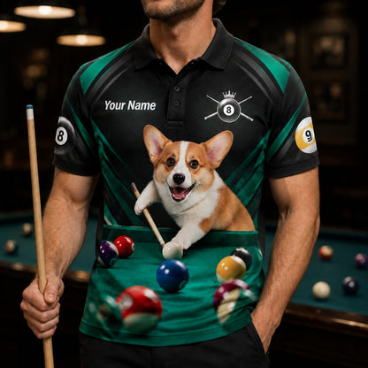 Corgi Billiards Player Sport Personalized Billiard Polo Shirt Front View