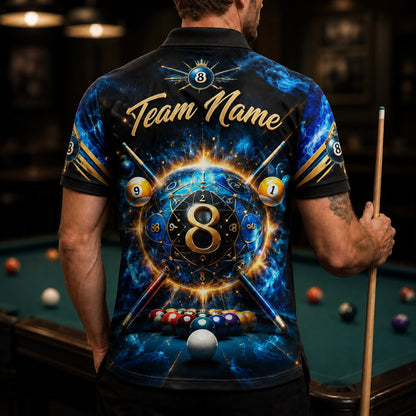 Cosmic 8 Ball Blast Graphic Personalized Billiard Polo Shirt Back View