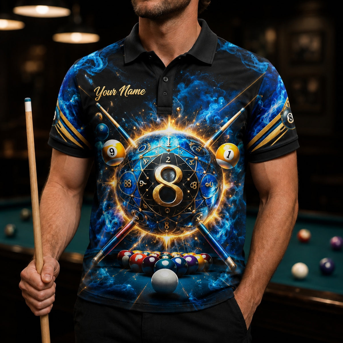 Cosmic 8 Ball Blast Graphic Personalized Billiard Polo Shirt Front View