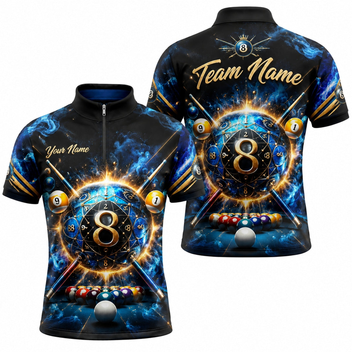 Cosmic 8 Ball Blast Graphic Personalized Billiard Polo Shirt Jersey Zip 1 4 Collar