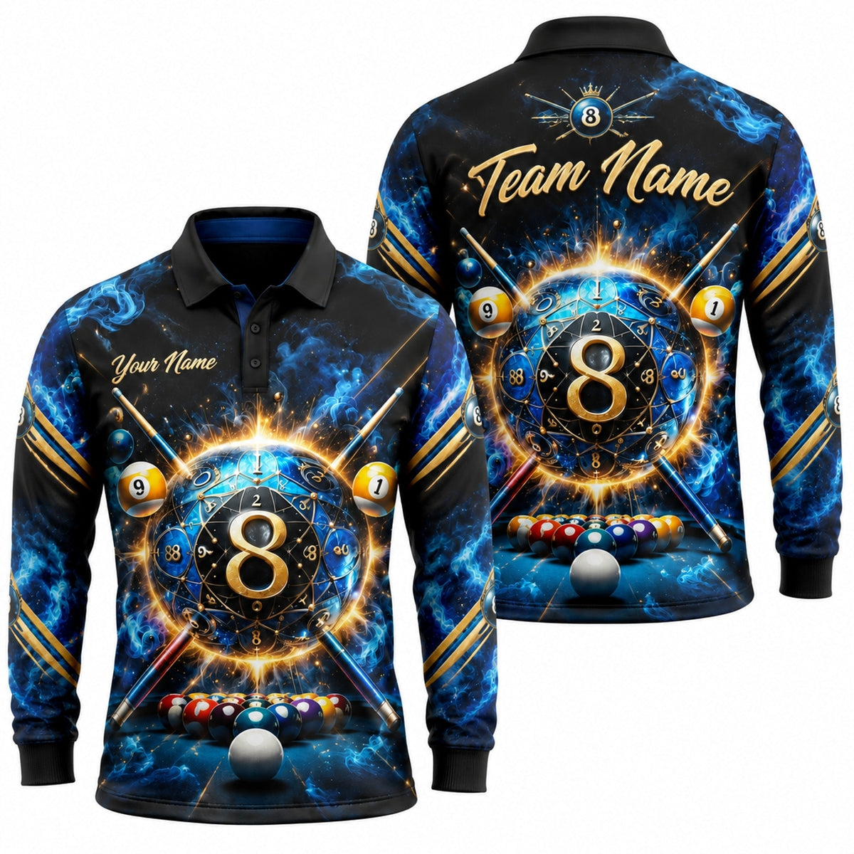 Cosmic 8 Ball Blast Graphic Personalized Billiard Polo Shirt Long Sleeve Polo