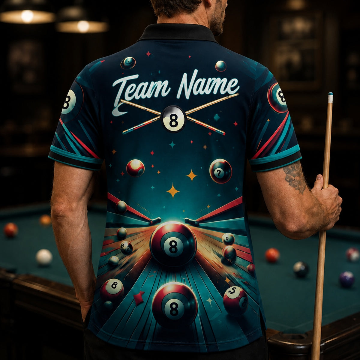 Cosmic 8 Ball Graphic Custom Billiard Polo Shirt Back View