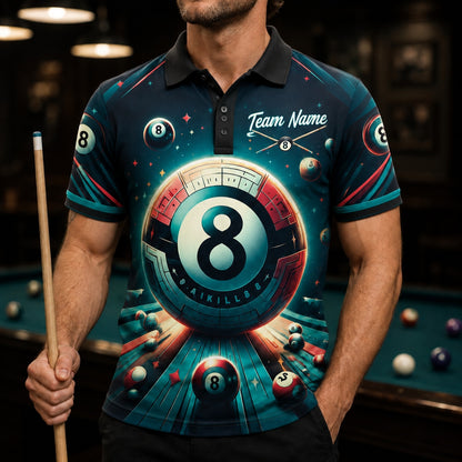 Cosmic 8 Ball Graphic Custom Billiard Polo Shirt Front View