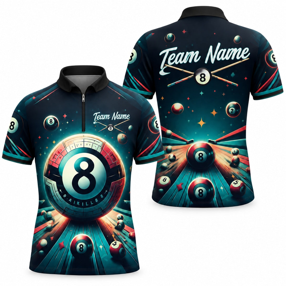 Cosmic 8 Ball Graphic Custom Billiard Polo Shirt Jersey Zip 1 4 Collar