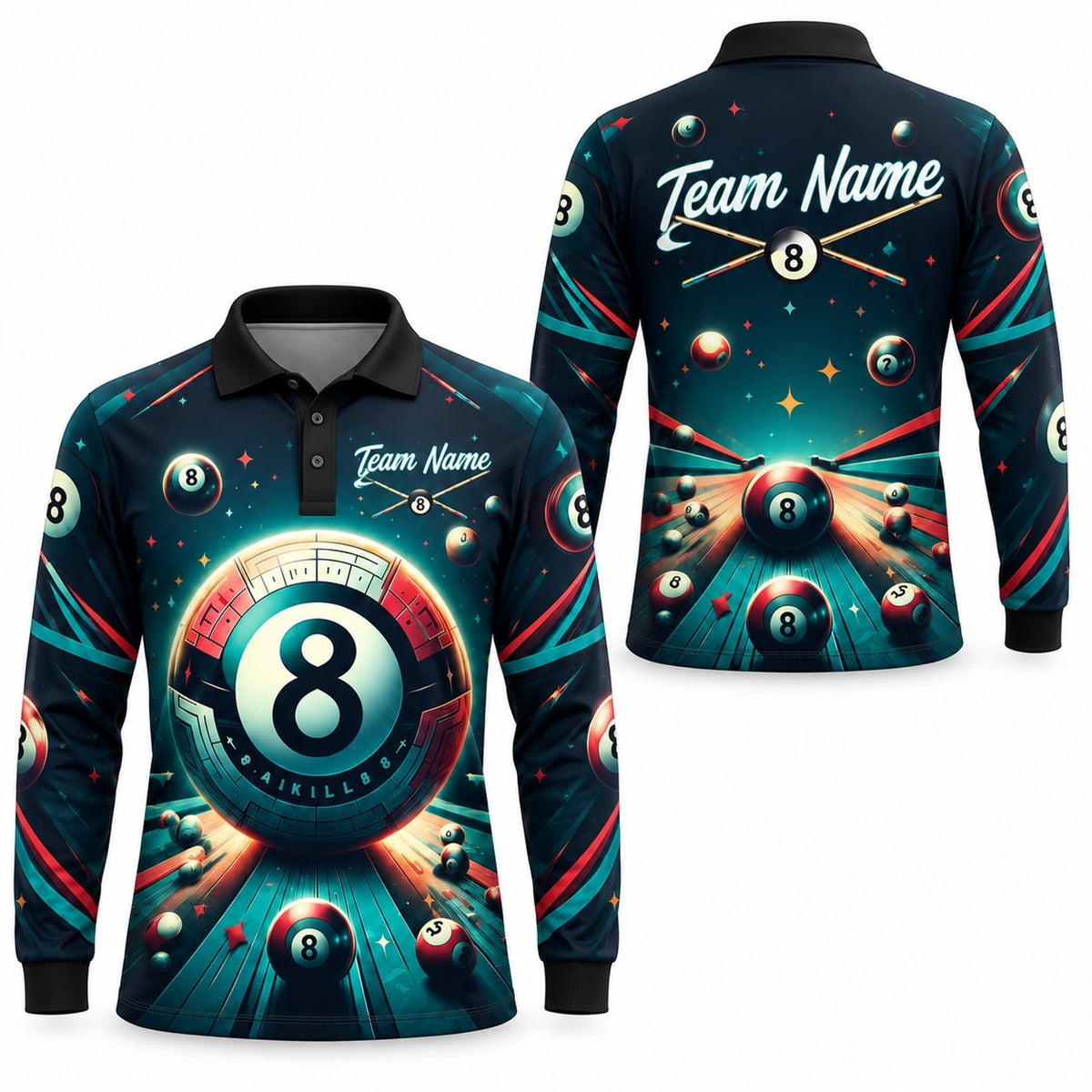 Cosmic 8 Ball Graphic Custom Billiard Polo Shirt Long Sleeve Polo