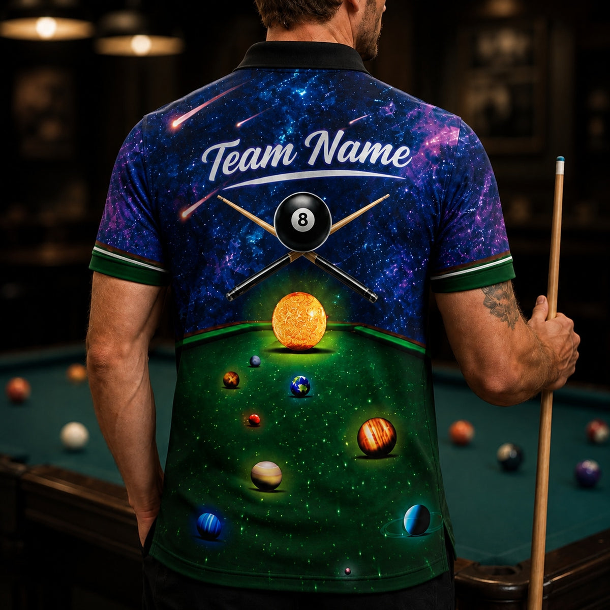 Cosmic Billiards Galaxy Graphic Custom Billiard Polo Shirt Back View