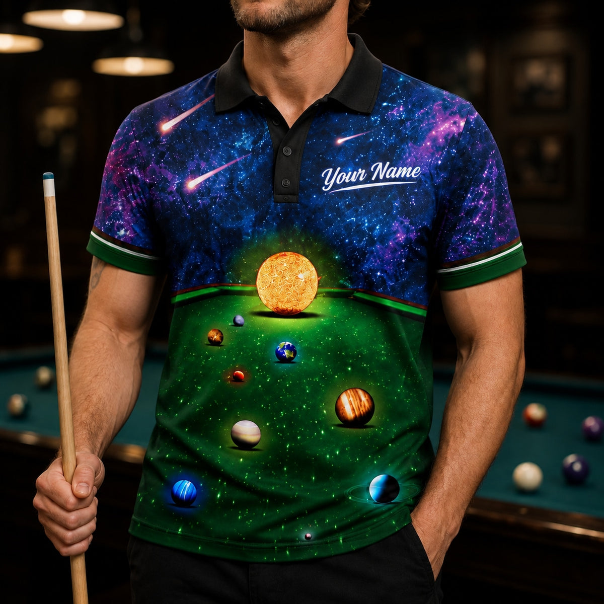 Cosmic Billiards Galaxy Graphic Custom Billiard Polo Shirt Front View