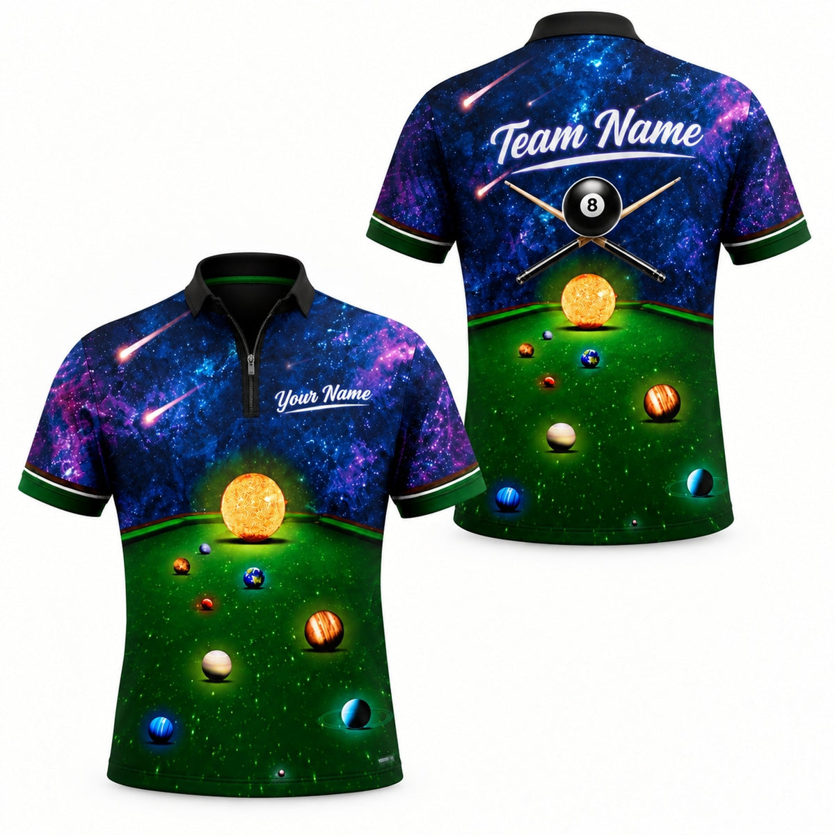 Cosmic Billiards Galaxy Graphic Custom Billiard Polo Shirt Jersey Zip 1 4 Collar