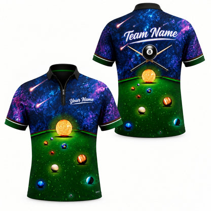 Cosmic Billiards Galaxy Graphic Custom Billiard Polo Shirt Jersey Zip 1 4 Collar