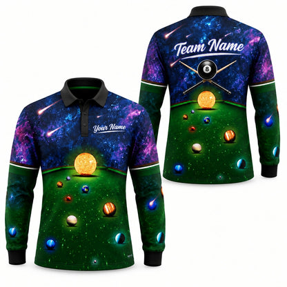 Cosmic Billiards Galaxy Graphic Custom Billiard Polo Shirt Long Sleeve Polo