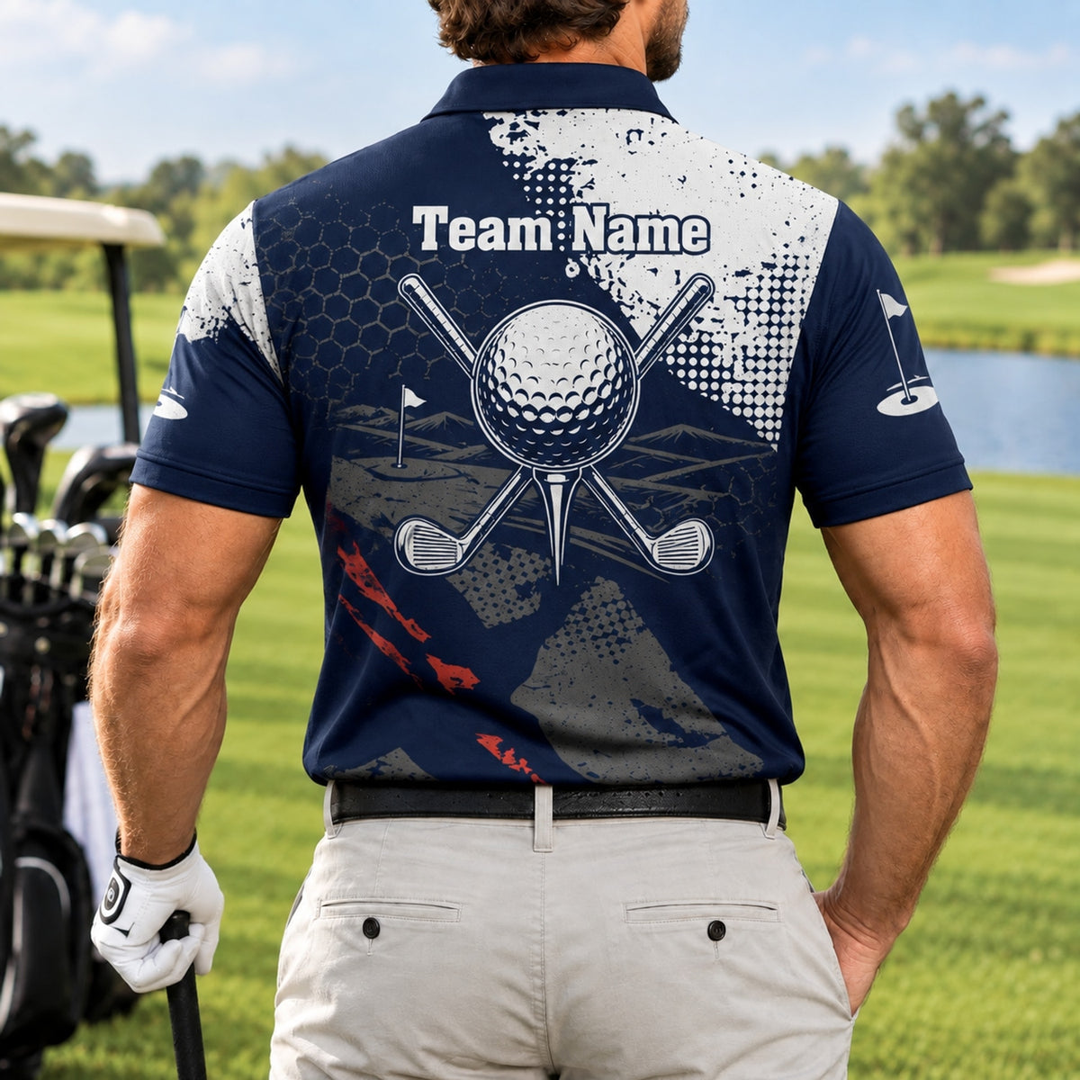 Crossed Golf Clubs Graphic Personalized Golf Polo Shirt Back View