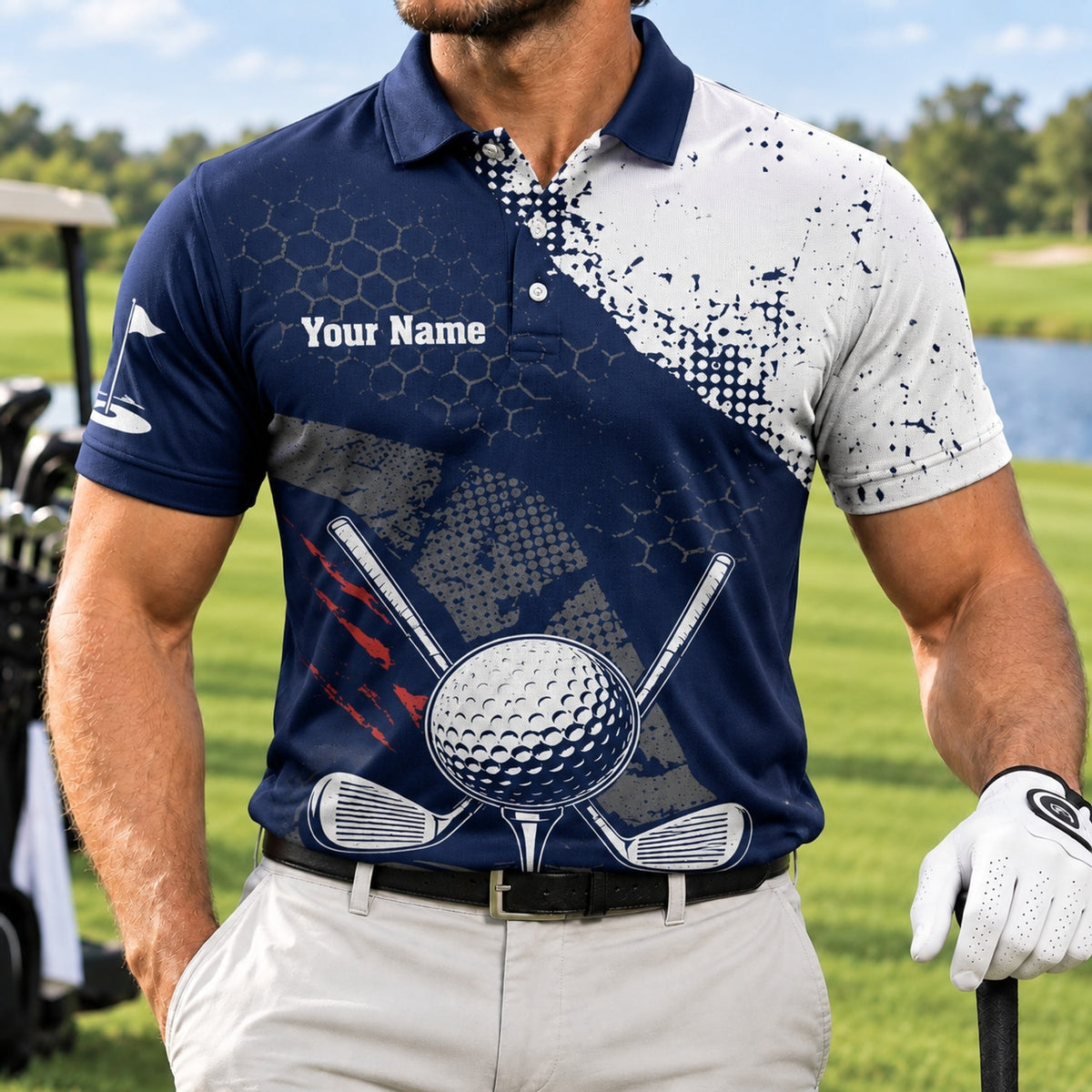 Crossed Golf Clubs Graphic Personalized Golf Polo Shirt Front View