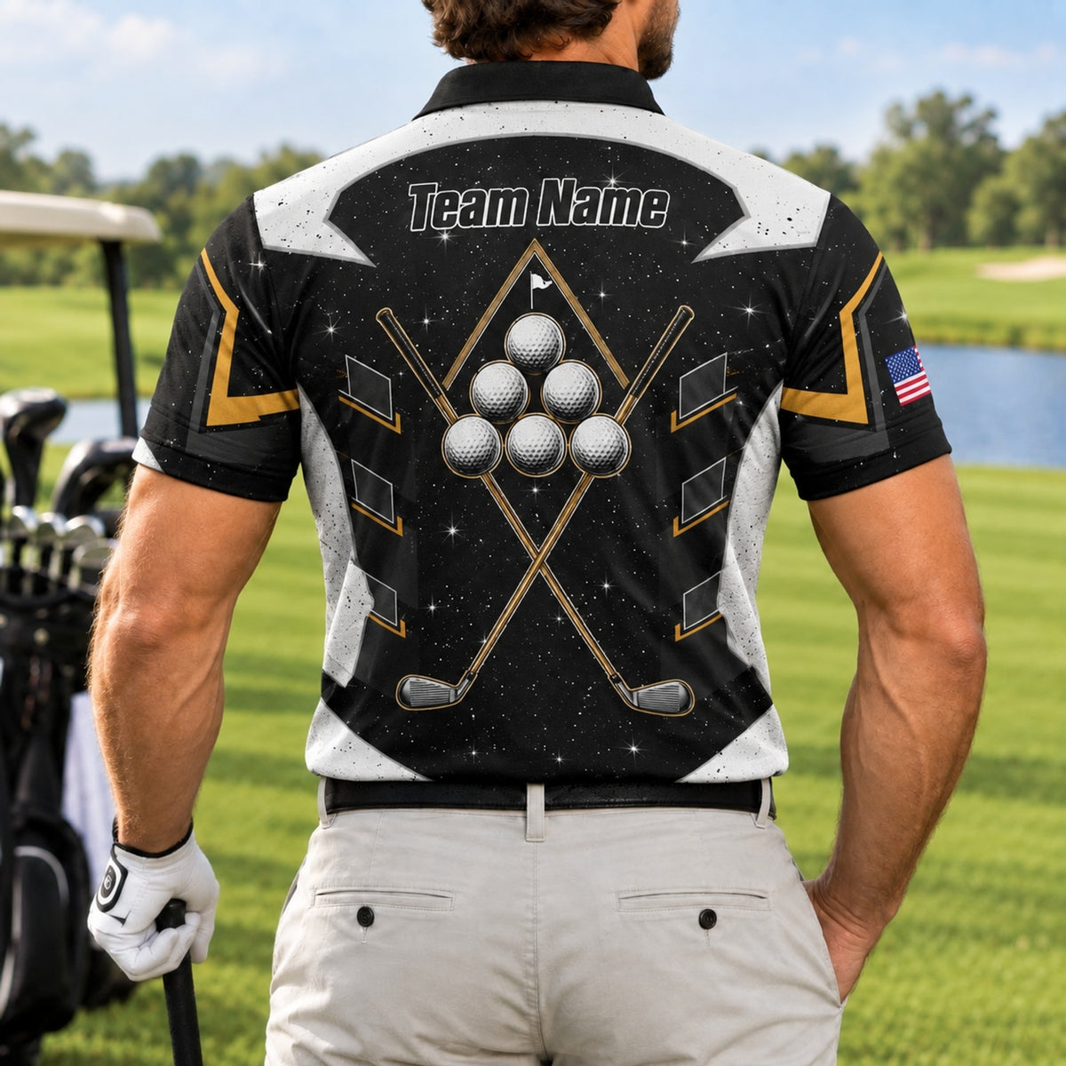 Crossed Golf Clubs With Balls Sport Personalized Golf Polo Shirt Back View