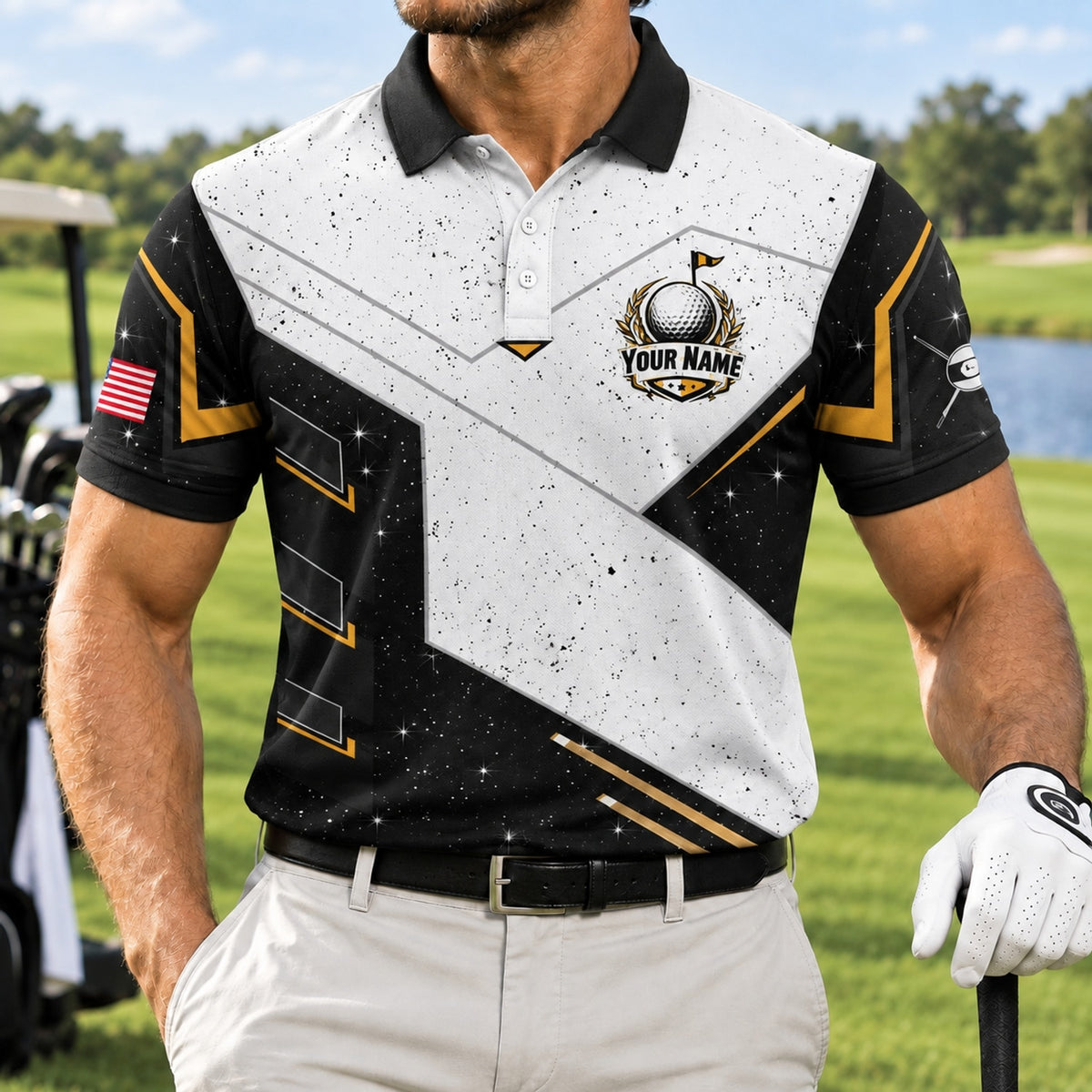 Crossed Golf Clubs With Balls Sport Personalized Golf Polo Shirt Front View