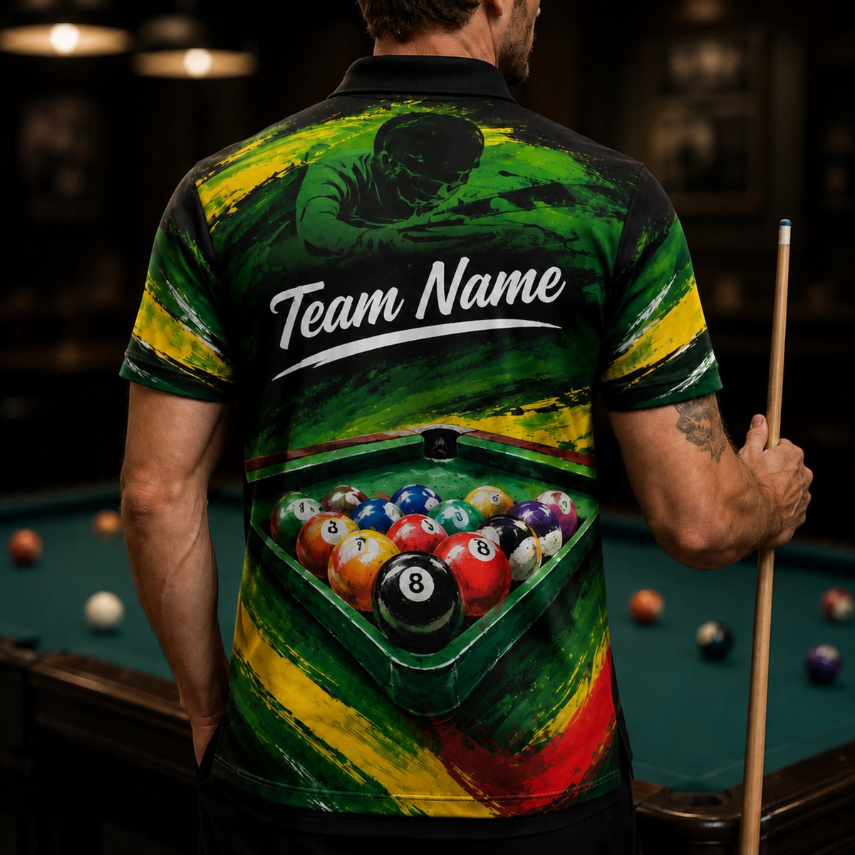Crowned 8 Ball Billiards Sport Custom Billiard Polo Shirt Back View