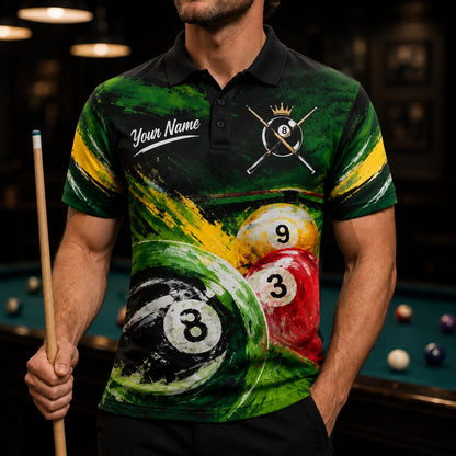 Crowned 8 Ball Billiards Sport Custom Billiard Polo Shirt Front View