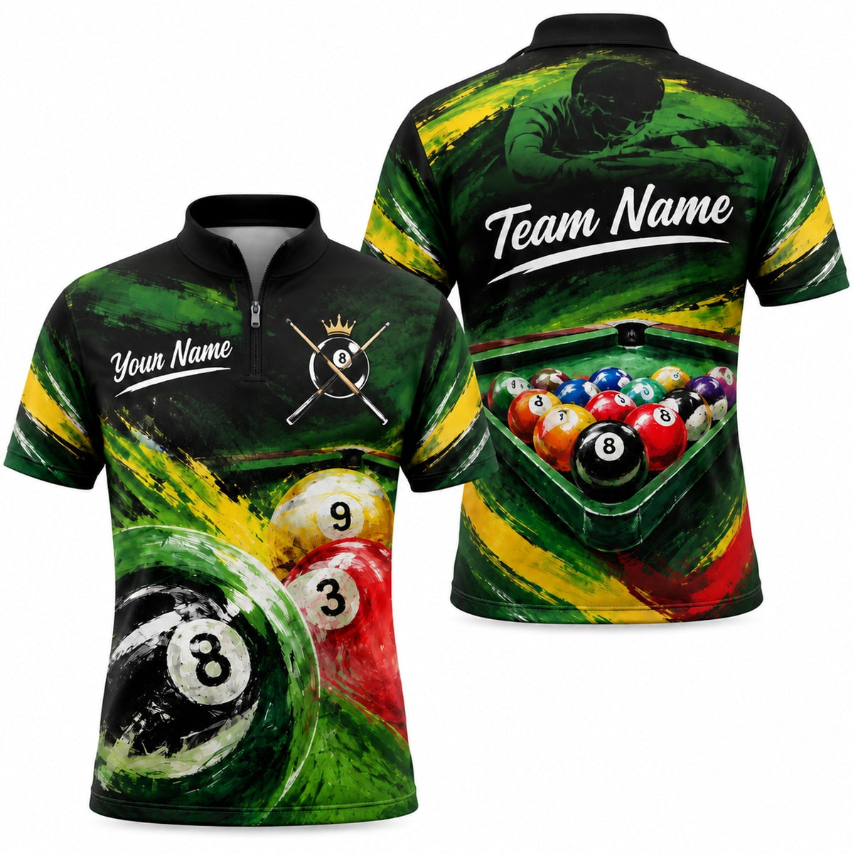 Crowned 8 Ball Billiards Sport Custom Billiard Polo Shirt Jersey Zip 1 4 Collar