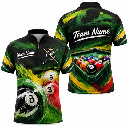 Crowned 8 Ball Billiards Sport Custom Billiard Polo Shirt Jersey Zip 1 4 Collar