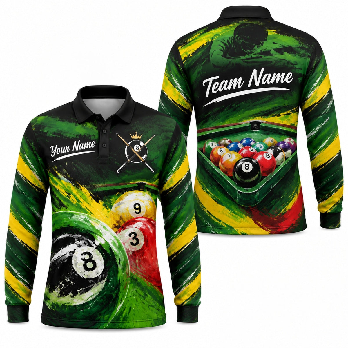 Crowned 8 Ball Billiards Sport Custom Billiard Polo Shirt Long Sleeve Polo