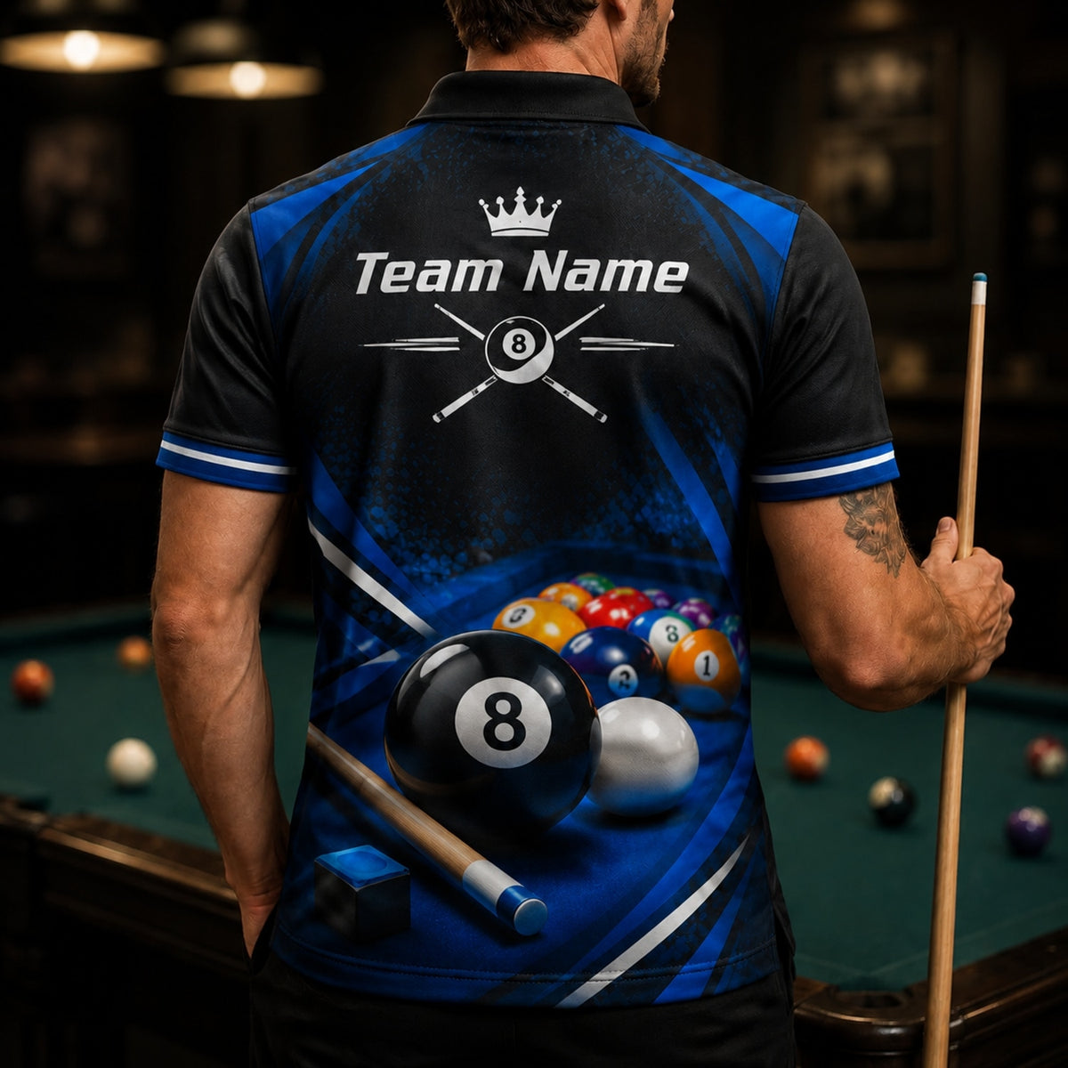Crowned 8 Ball Cues Sport Personalized Billiard Polo Shirt Back View