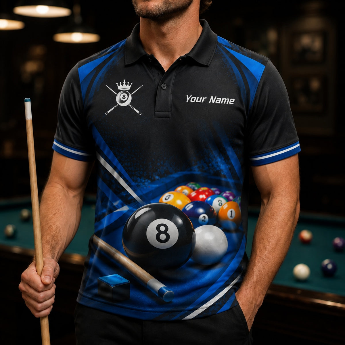Crowned 8 Ball Cues Sport Personalized Billiard Polo Shirt Front View