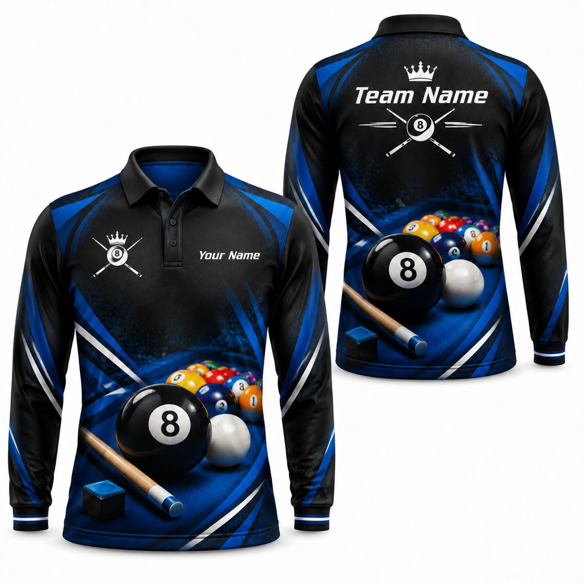 Crowned 8 Ball Cues Sport Personalized Billiard Polo Shirt Long Sleeve Polo